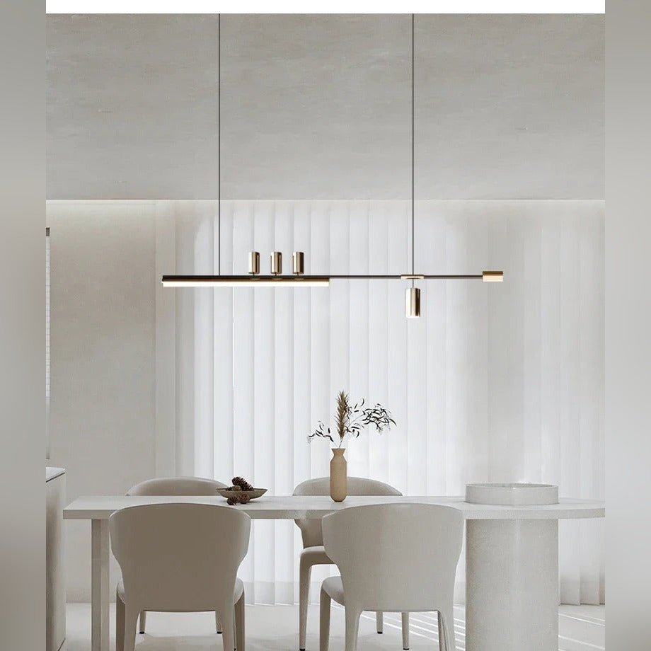 Orvantis linear bar chandelier with cylindrical spotlights, dining room