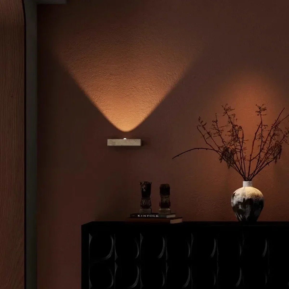 Travertine Stone Uplighter Wall Sconce – Nalvoria – Lifestyle View 2