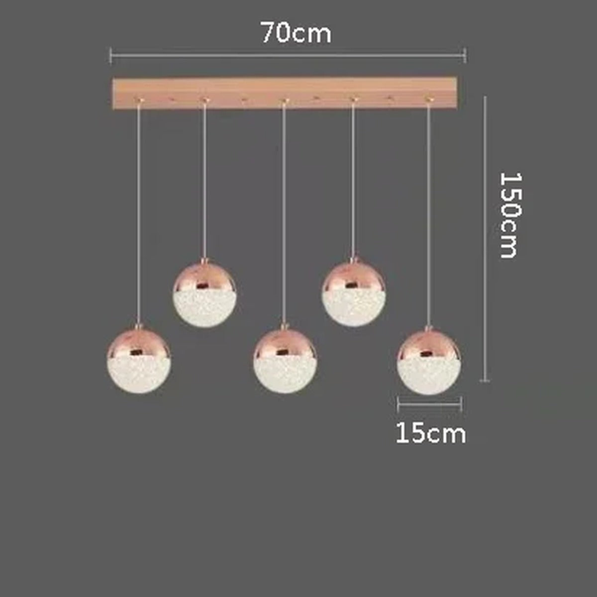 Sand-Textured Crystal Sphere Chandelier Orvenna — 5 Heads Linear Canopy, Rose Gold
