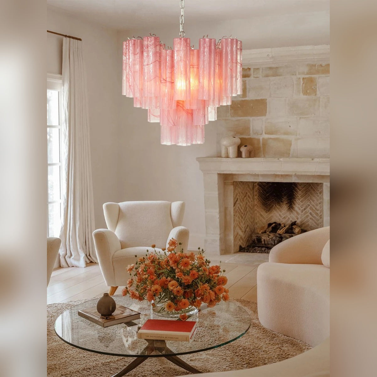 Tiered Glass Tube Chandelier – Lumivorn – Blush Pink Glass