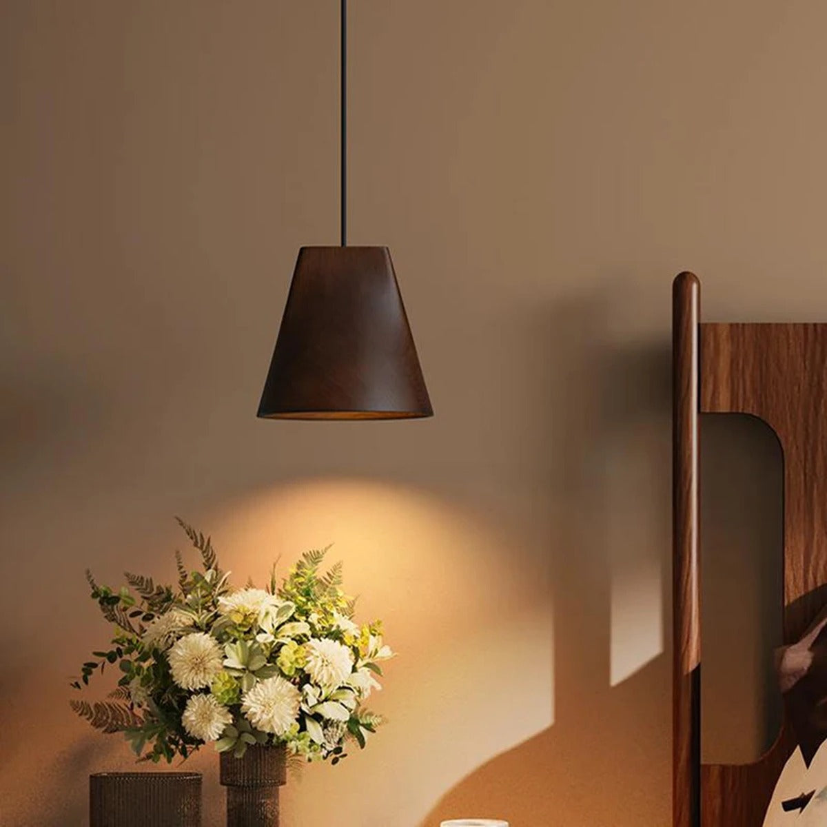 Solid Wood Sculptural Multi-Pendant Chandelier – Larven – Single Pendant, Dark Wood, Lifestyle