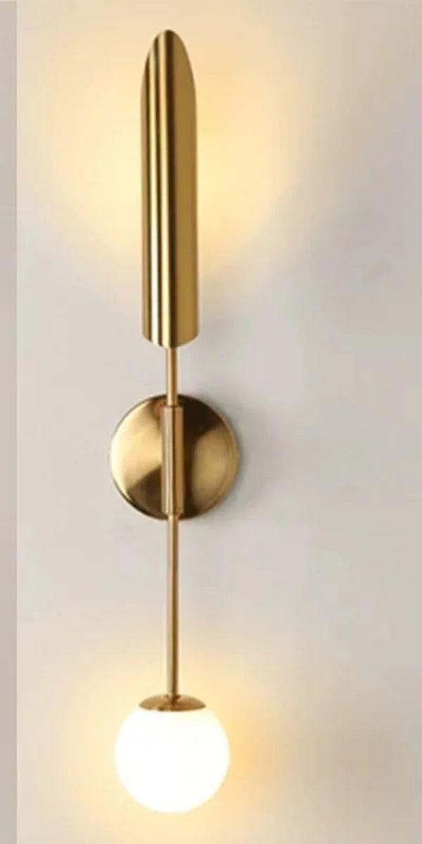 Tall Gold Pole Uplight & Globe Wall Sconce – Belrix – White Wall Close-up