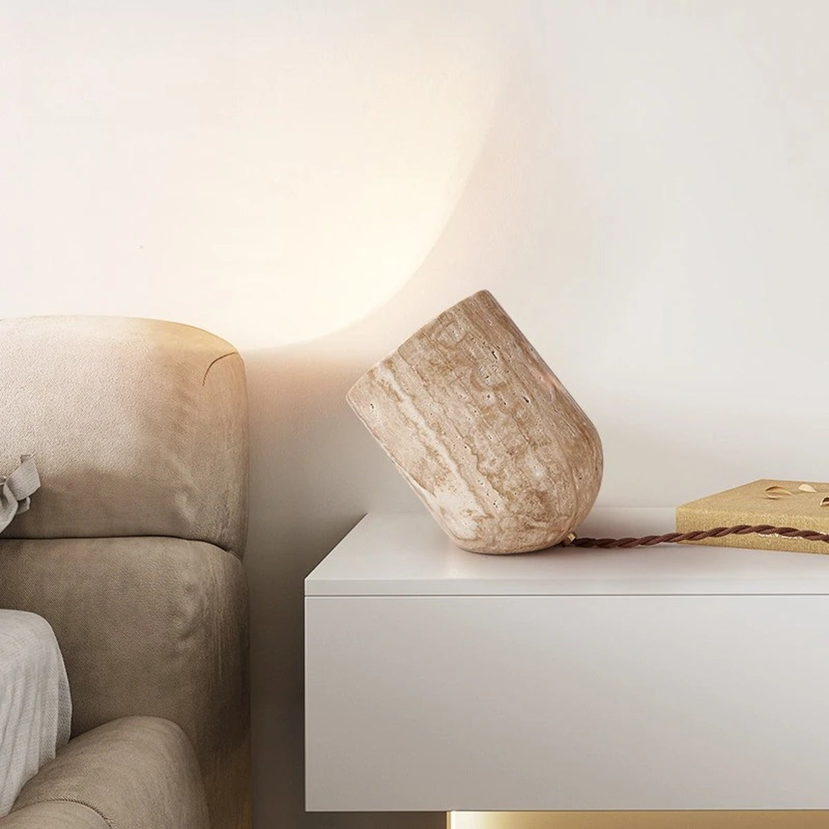 Natural Travertine Stone Table Lamp – Haelstora – Lifestyle, Bedside Table