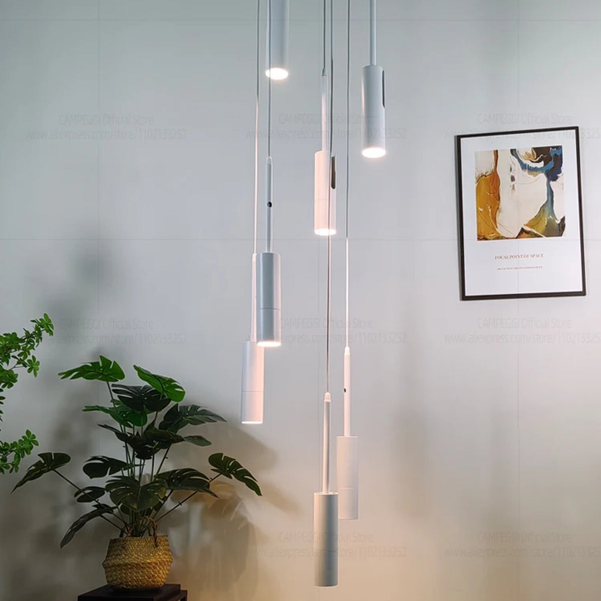 Solerno adjustable multi-head spot pendant — full cascade view