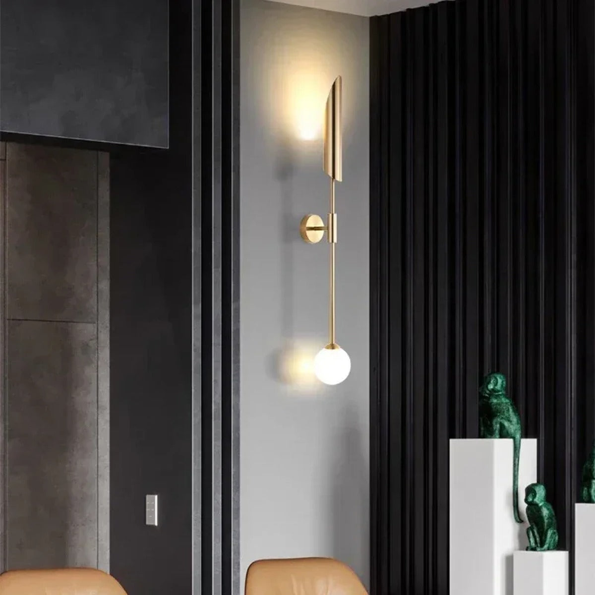 Tall Gold Pole Uplight & Globe Wall Sconce – Belrix – Corridor Lifestyle View