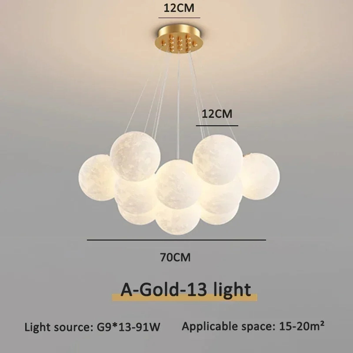 Cascading Moon Sphere Cluster Chandelier – Orineth – Gold, 13-Light Ø12cm