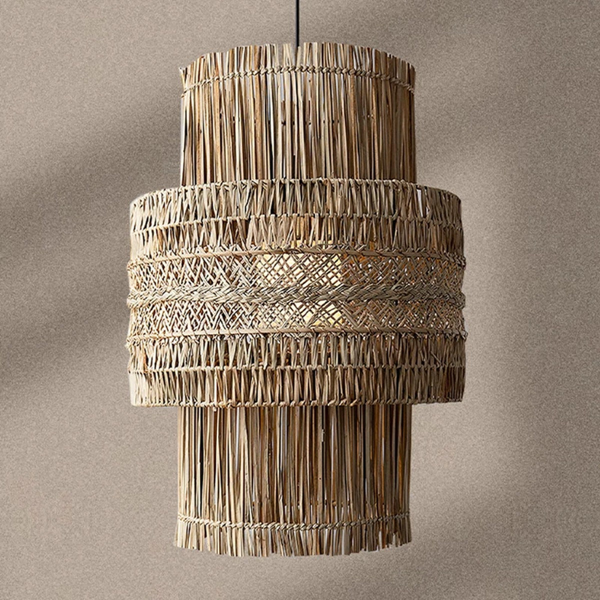 Tiered Bamboo Fringe Cylinder Pendant Light – Melrix – Lifestyle View 3