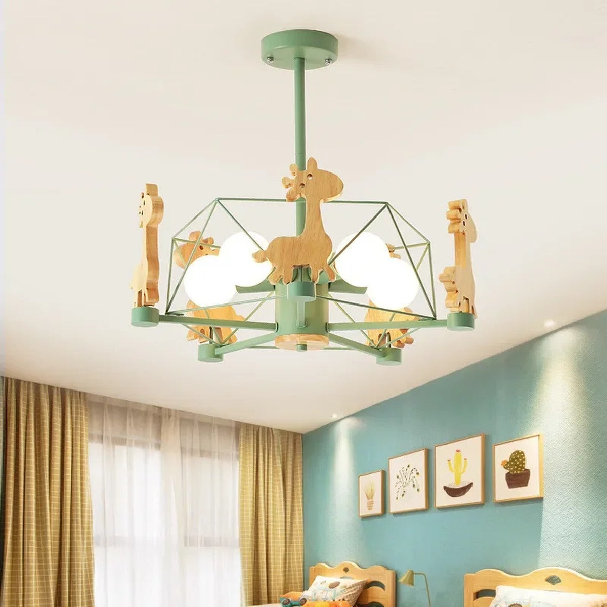 Children's Wood Giraffe Chandelier Lunvix — Green, kids bedroom