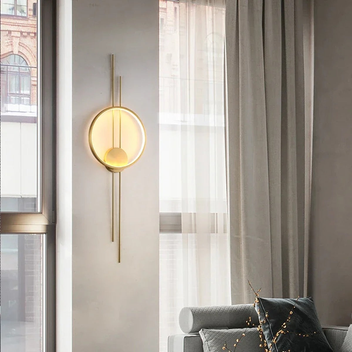 Belvorin wall sconce, gold finish, hallway lifestyle view