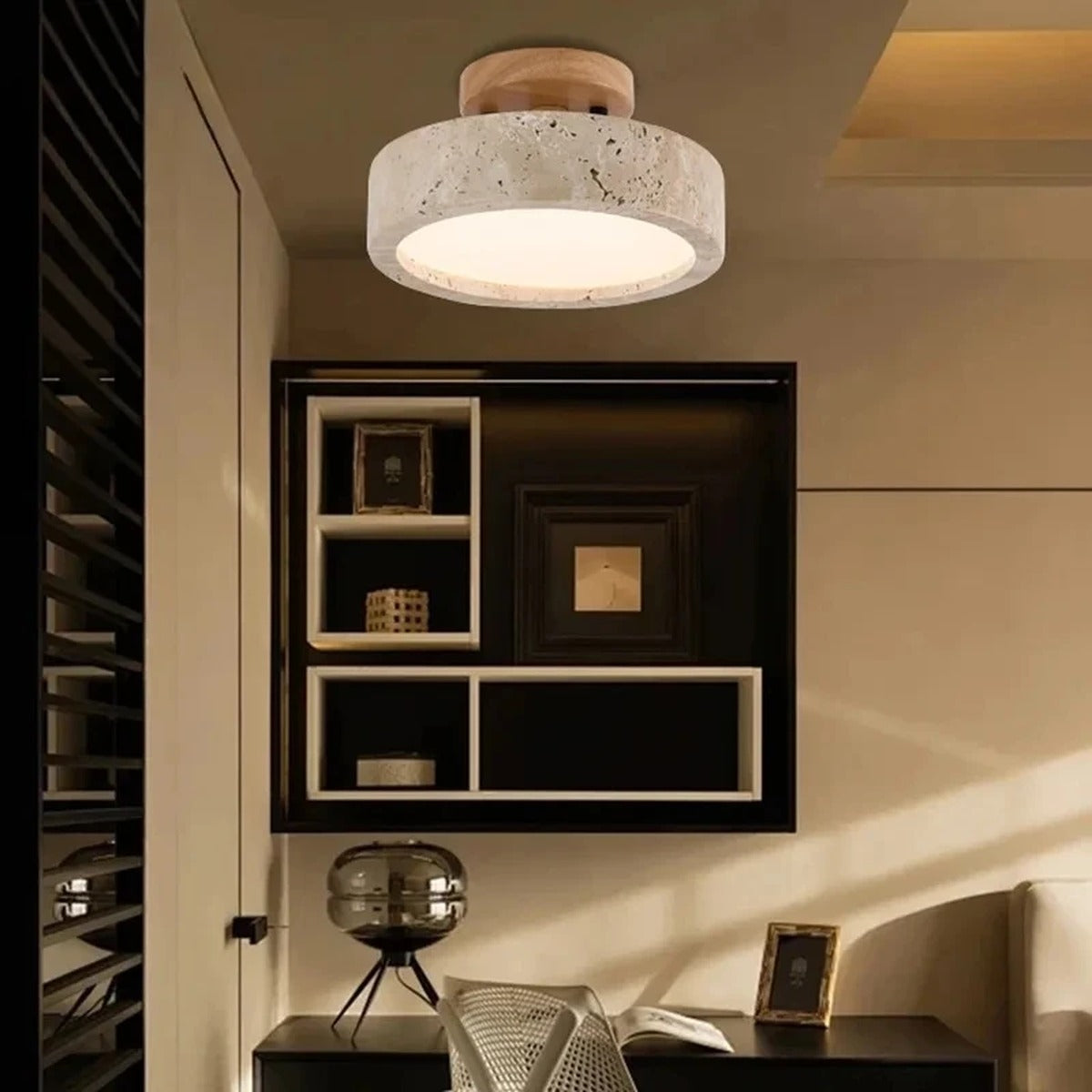 Natural Travertine Flush-Mount Ceiling Light Petrano – Lifestyle View