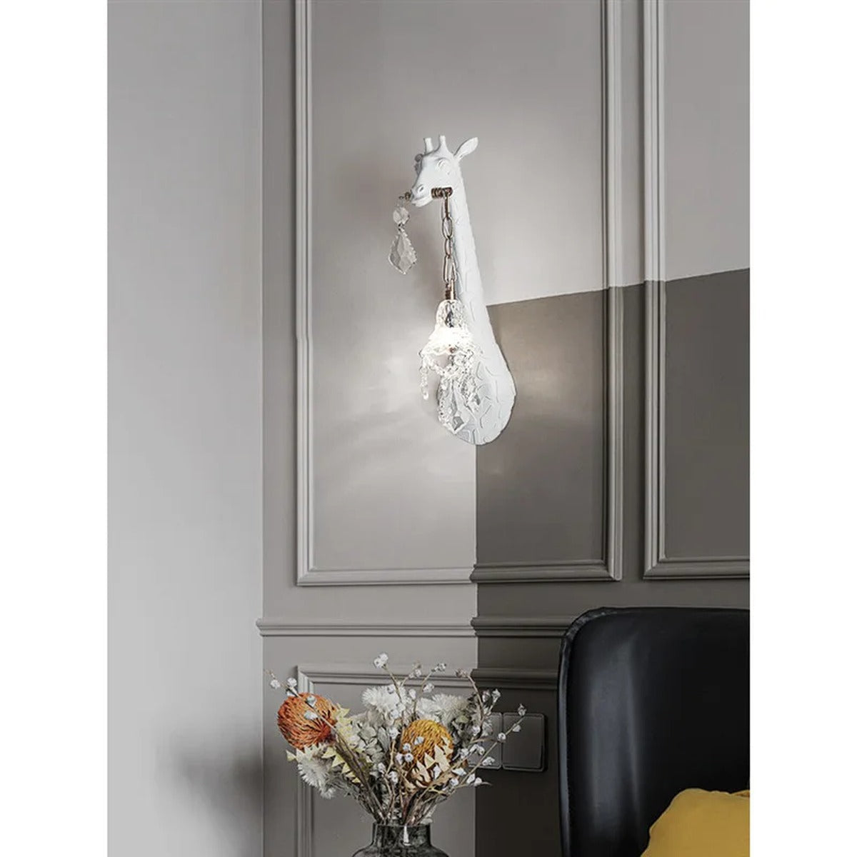 Serengeti giraffe wall sconce, white finish, styled interior wall — lifestyle