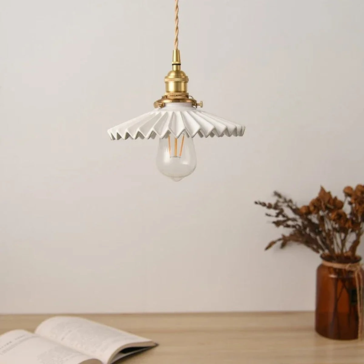 Cuprano fluted ceramic pendant light — Fluted Fan over reading desk