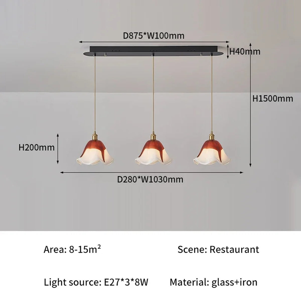 Florvane ombré glass pendant light, Garnet, three-head dimensions