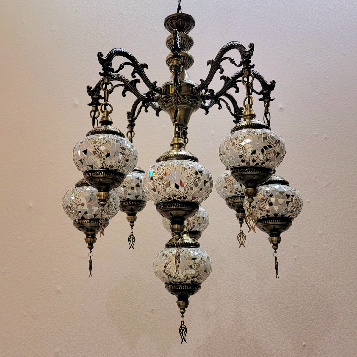 Prismex nine-globe Turkish mosaic chandelier — mirror-white mosaic detail