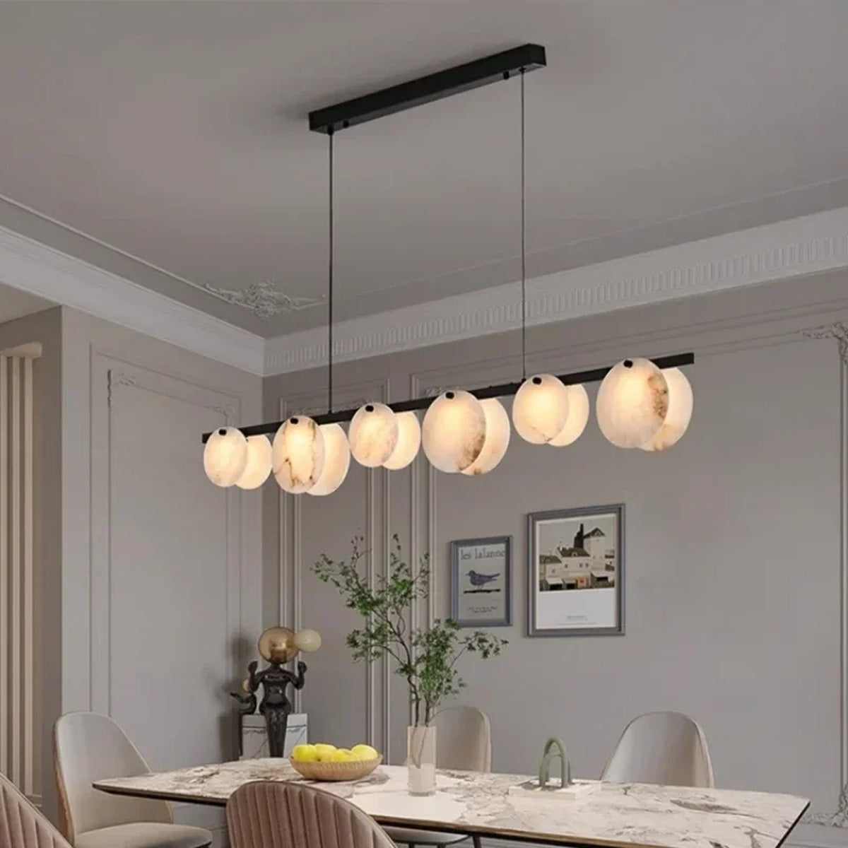 Alabaster Disc Linear Chandelier Torivax — dining room view