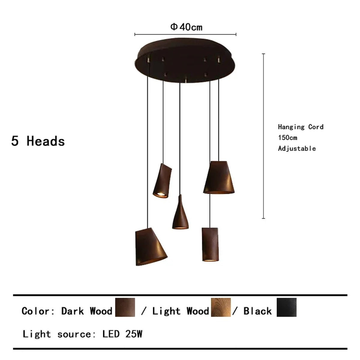Solid Wood Sculptural Multi-Pendant Chandelier – Larven – 5-Head Round Dimensions