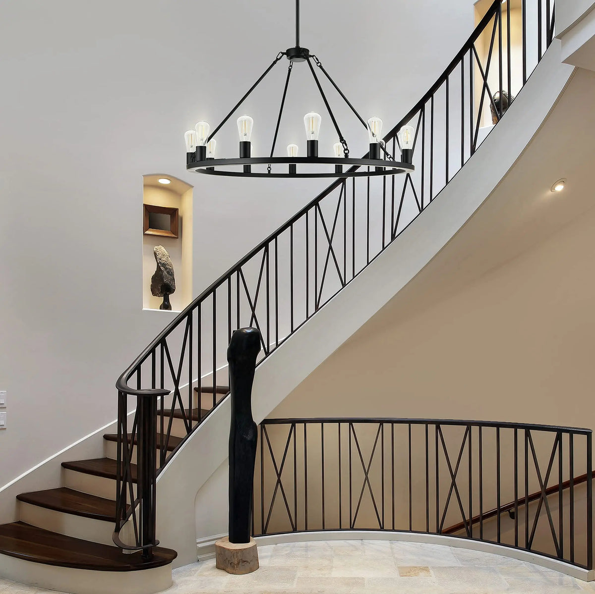 Modern Farmhouse Iron Wagon-Wheel Chandelier — staircase lifestyle