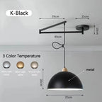 Swing-Arm Pendant Light – Galrex – Style K shade in black, dimensions and finish