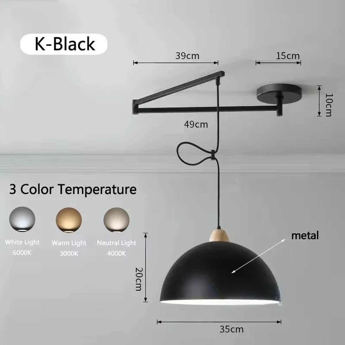 Swing-Arm Pendant Light – Galrex – Style K shade in black, dimensions and finish