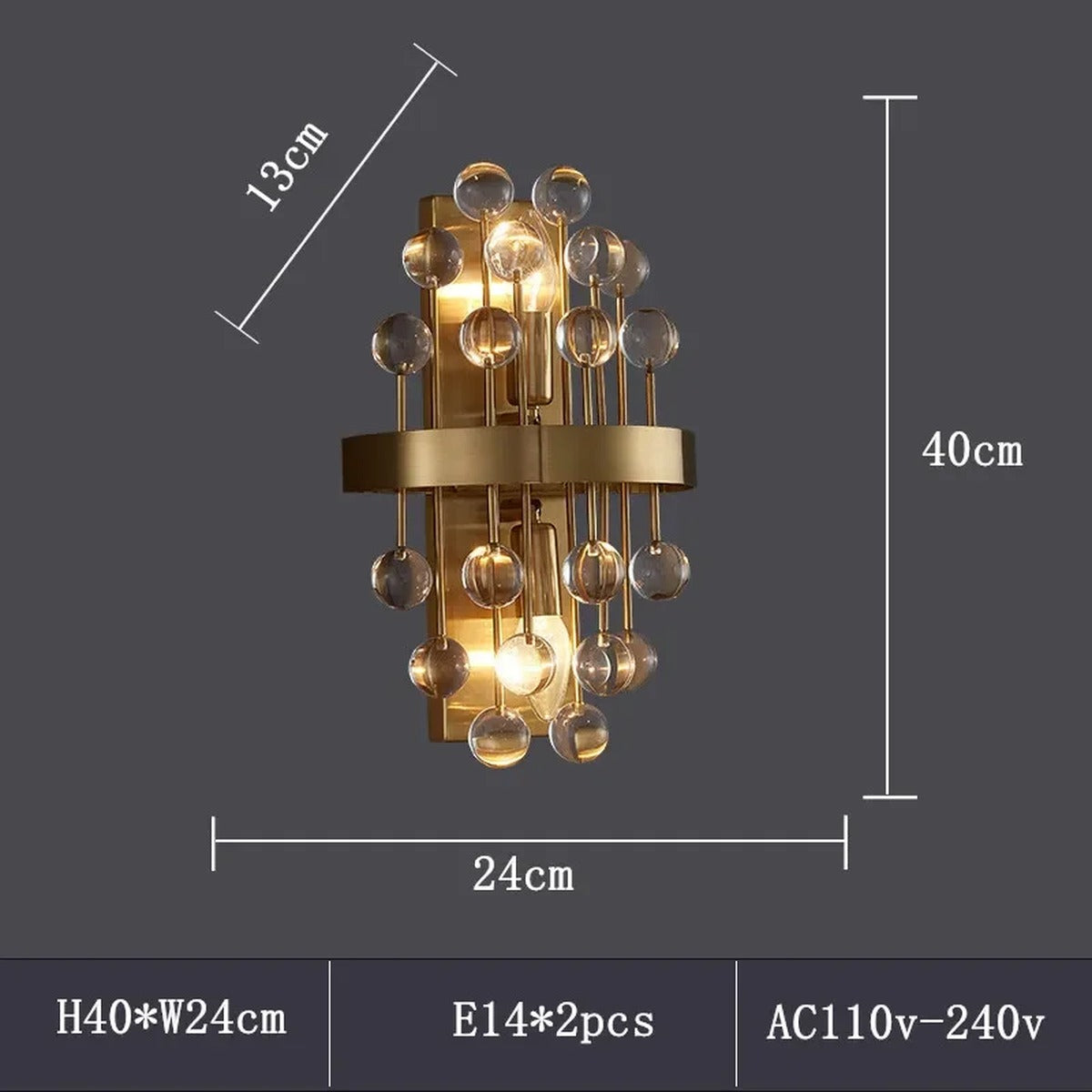 Morvena Clear Sphere Crystal wall sconce dimensions: H40 x W24 x D13cm, E14 x2, AC110-240V
