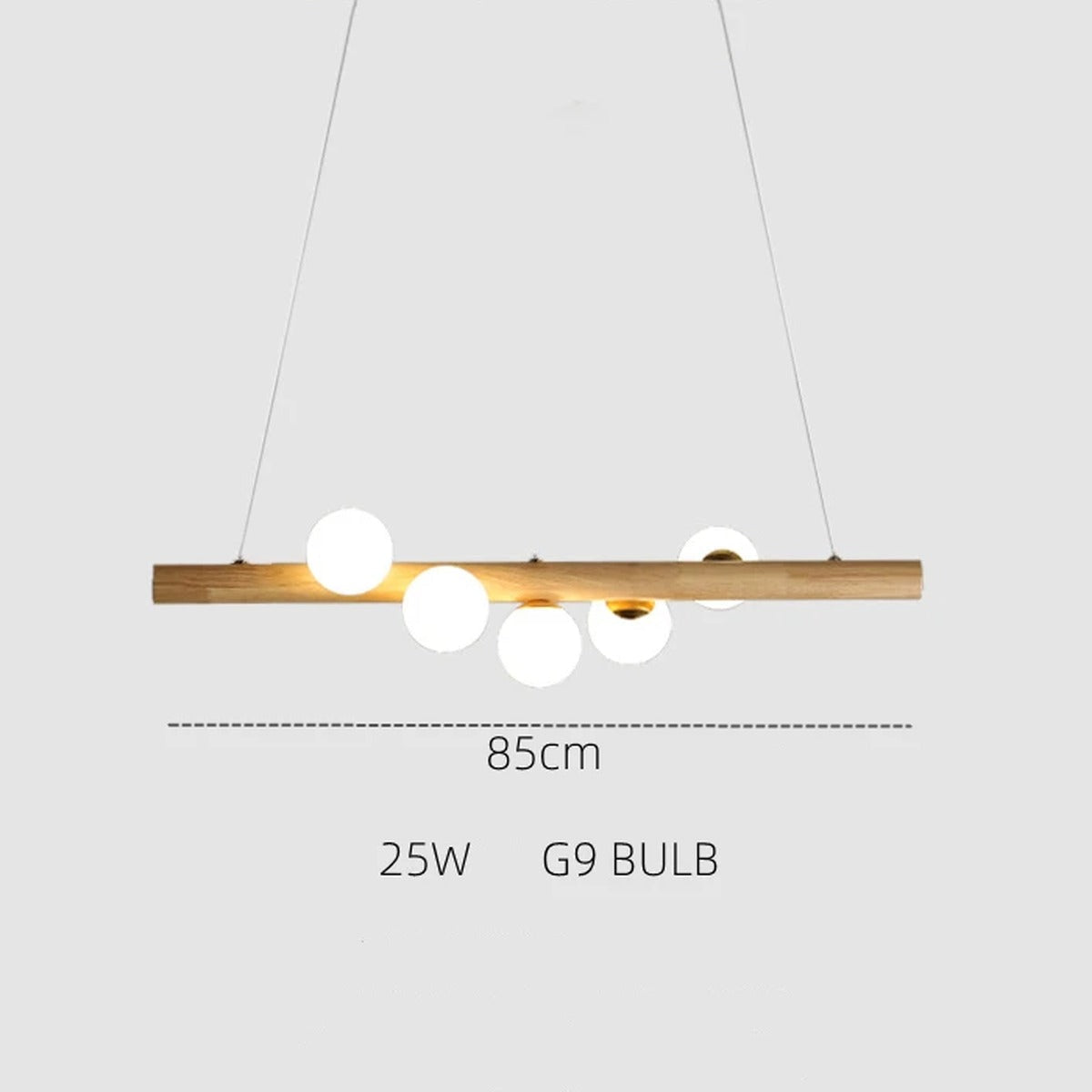 Staggered Glass Orb Wood Beam Chandelier – Orbison – 5-Light Configuration