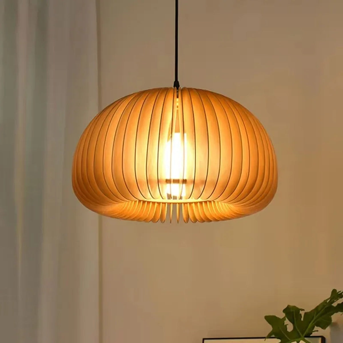 Bent Wood Veneer Orb Pendant Light – Wevorn – Lifestyle View 2
