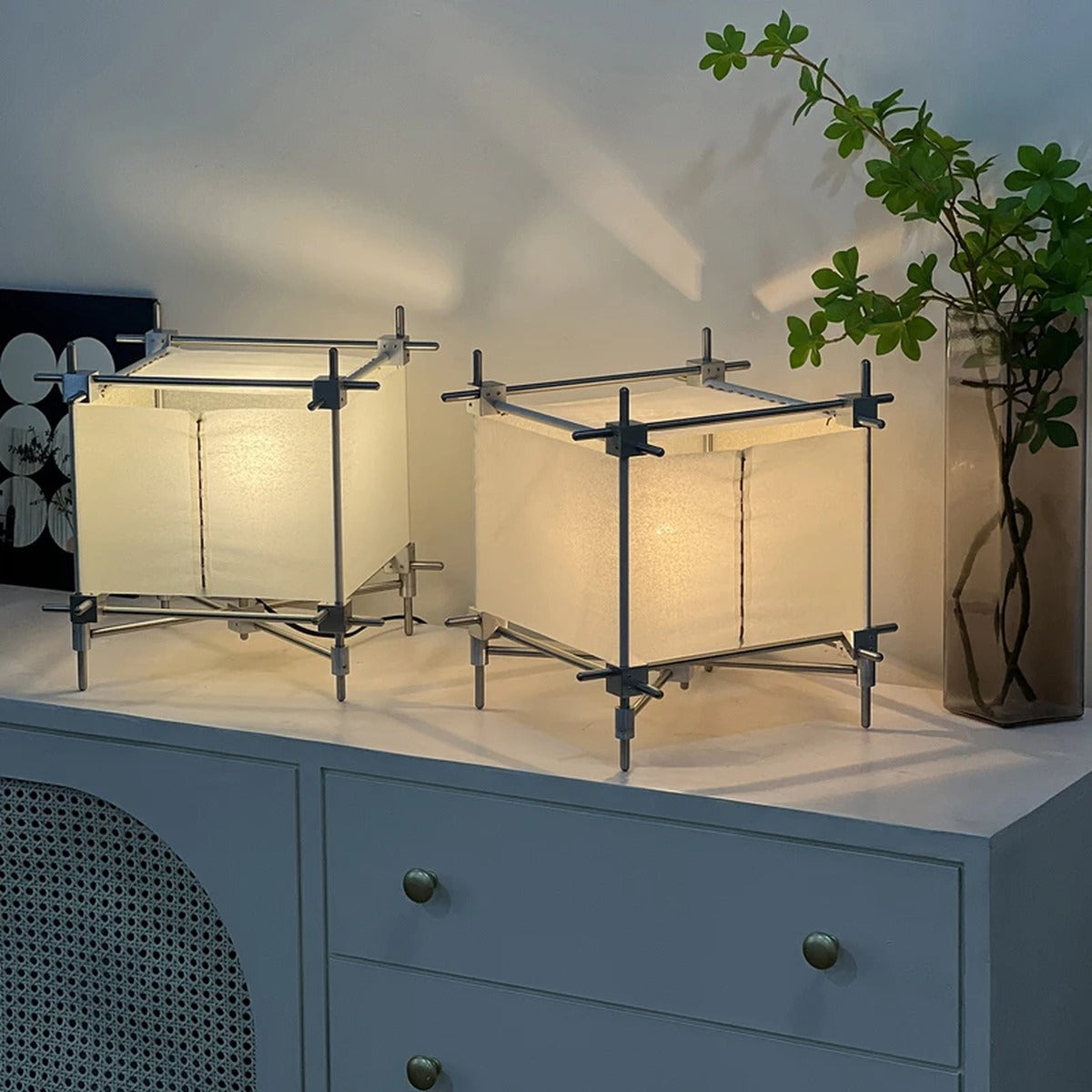 Industrial Parchment Cube Scaffolding Floor, Table & Pendant Lamp – Urix – Table Lamp Lifestyle Pair