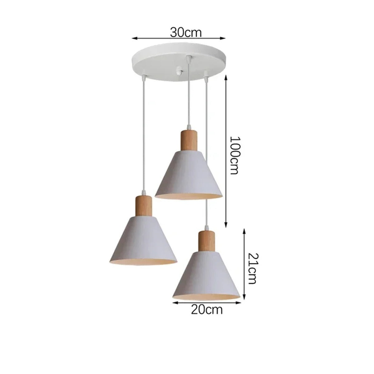 Ulion — white, round disc plate, dimension diagram (Ø30cm plate, 20×21cm shades, 100cm drop)