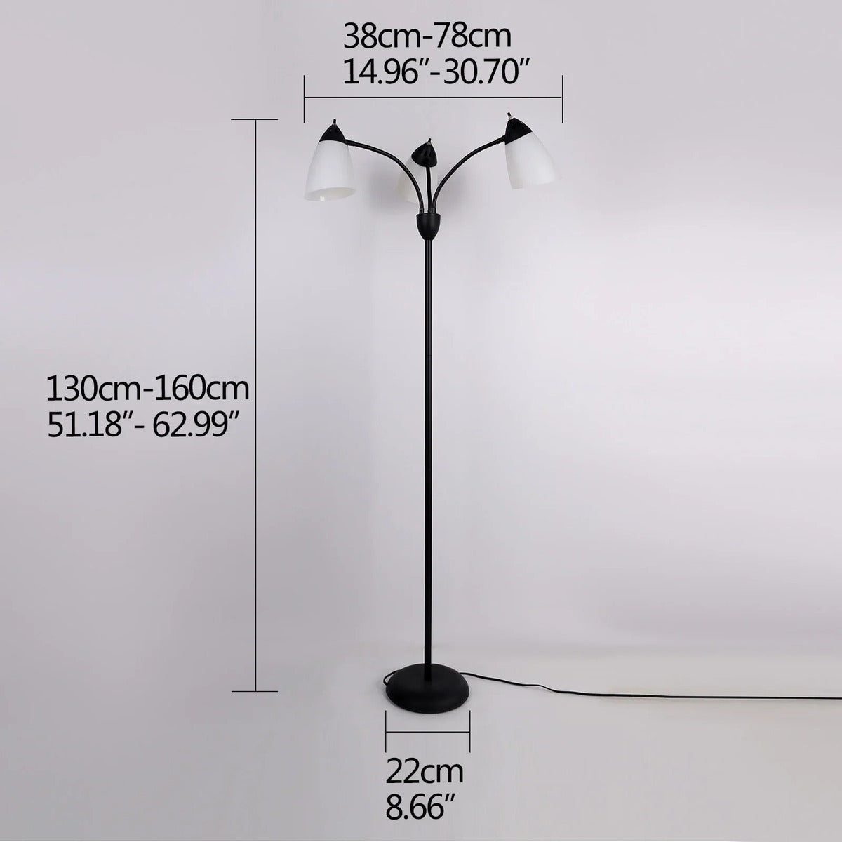 Merelix floor lamp dimensions — height 130-160cm, arm span 38-78cm, base 22cm