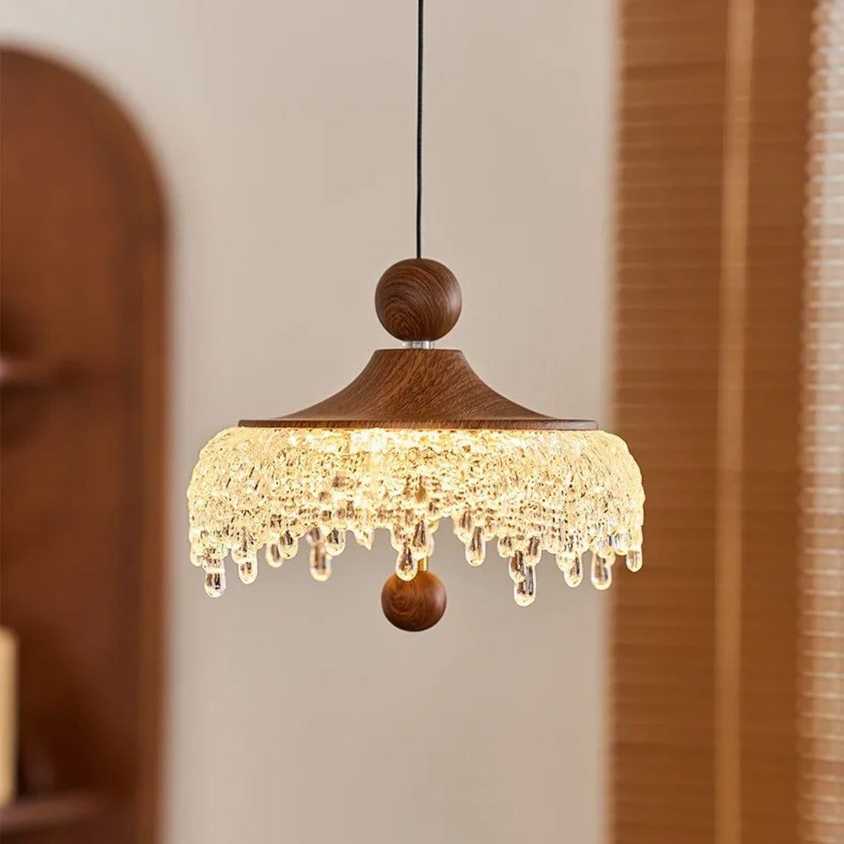 Walnut & Crystal Droplet Pendant – Xoluxen – Hero Shot