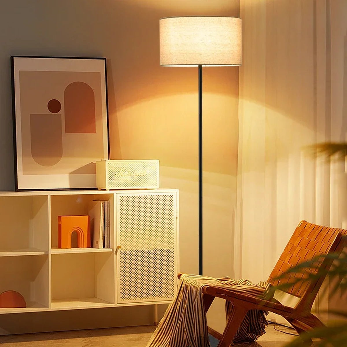 Silent linen drum floor lamp brass black stem contemporary