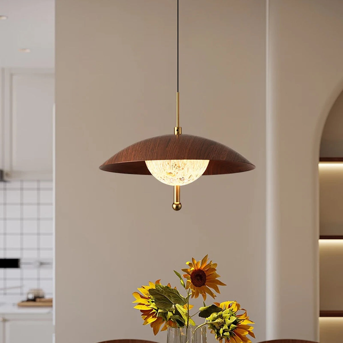 Walnut Dome & Crystal Bowl Pendant Light – Aximund – Hero Shot