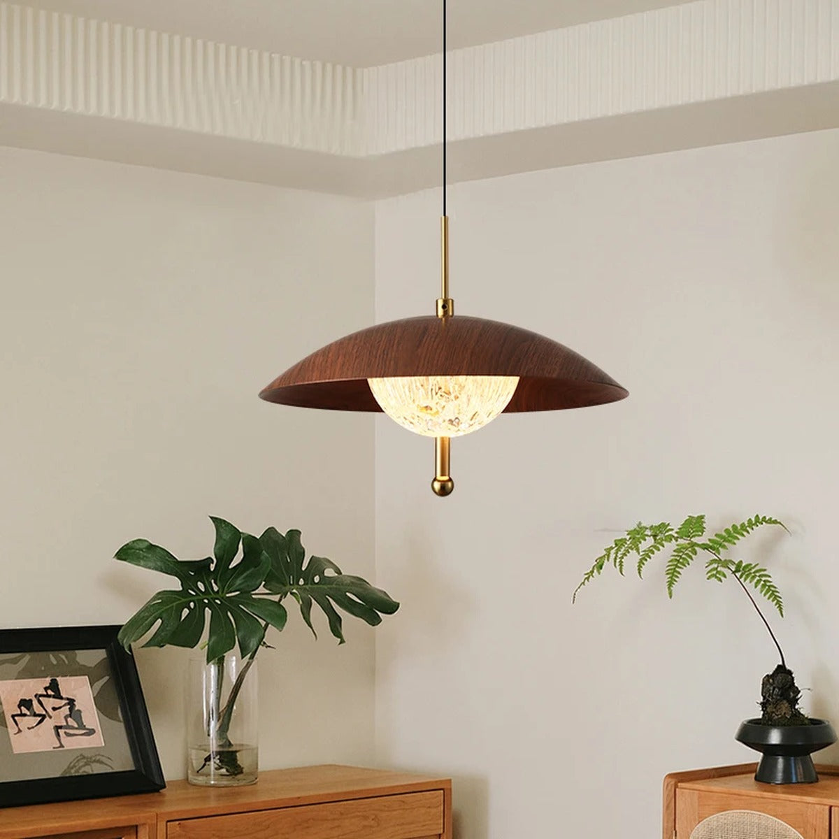 Walnut Dome & Crystal Bowl Pendant Light – Aximund – Lifestyle View 2