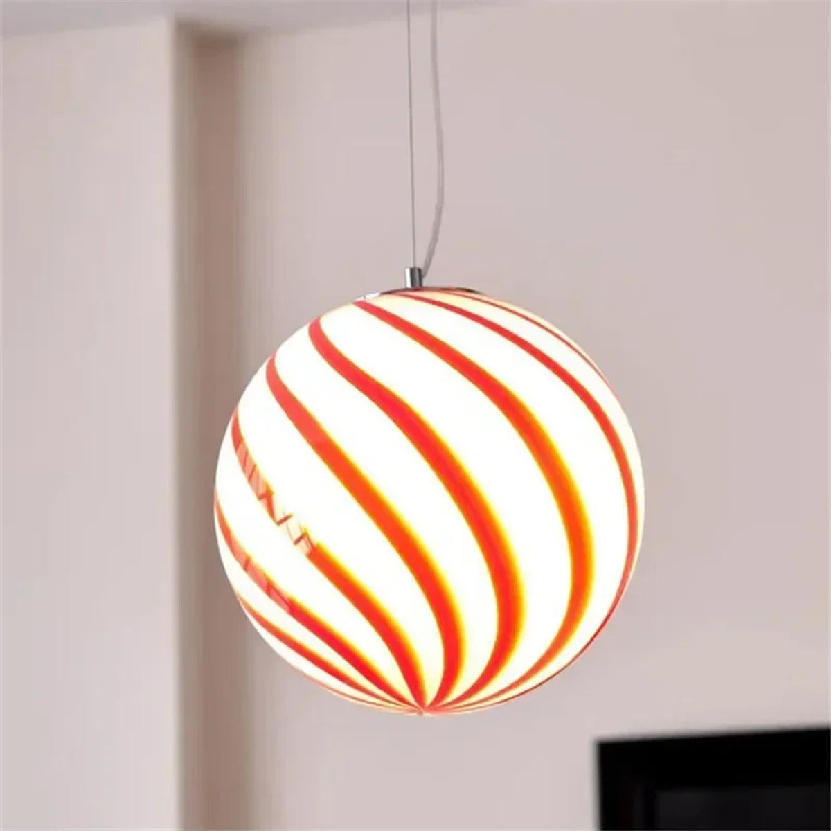 Candy-Stripe Swirl Glass Globe Pendant – Novaro – Lifestyle View 3