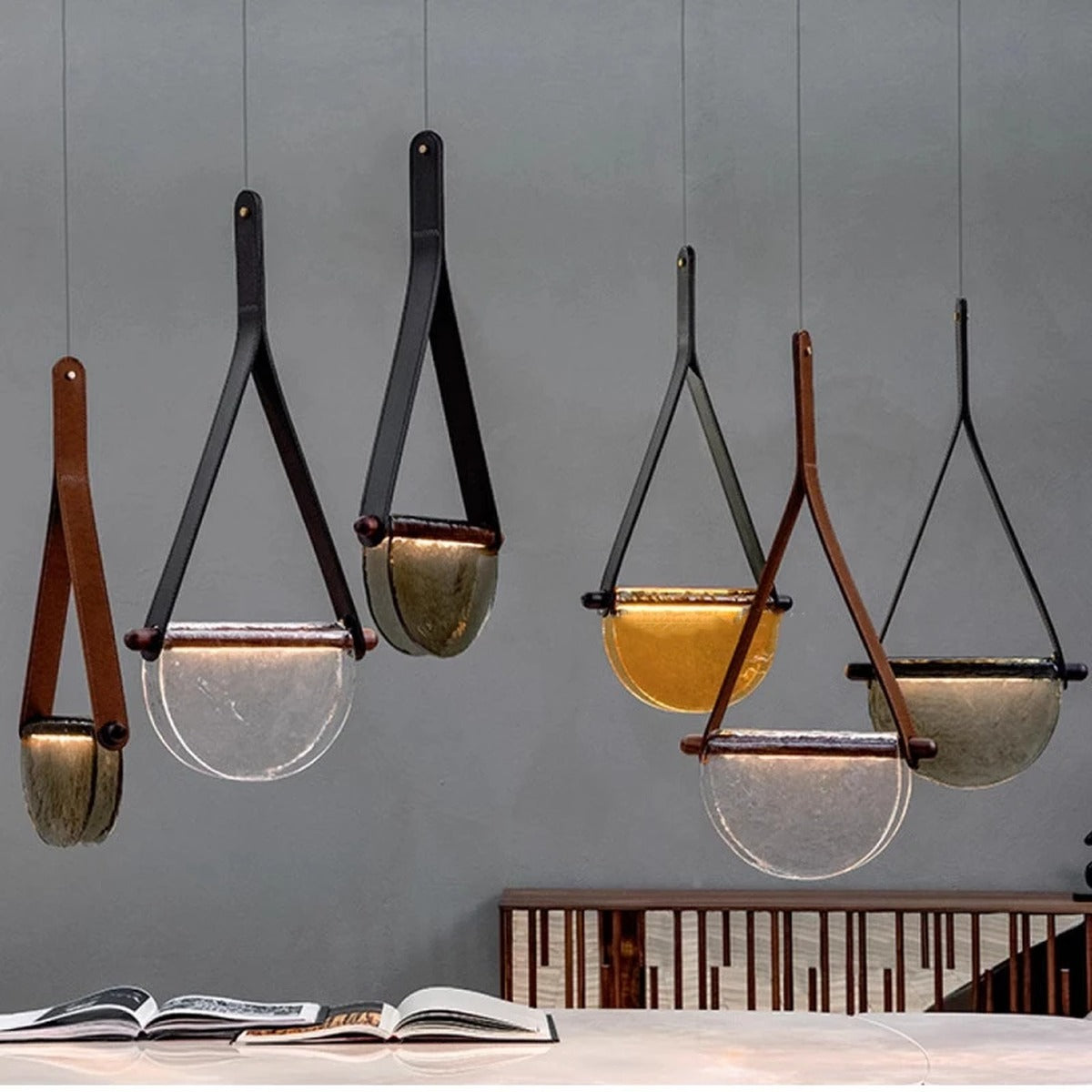 Leather Strap Handblown Glass Bowl Pendant Light – Stilren – Lifestyle View 2