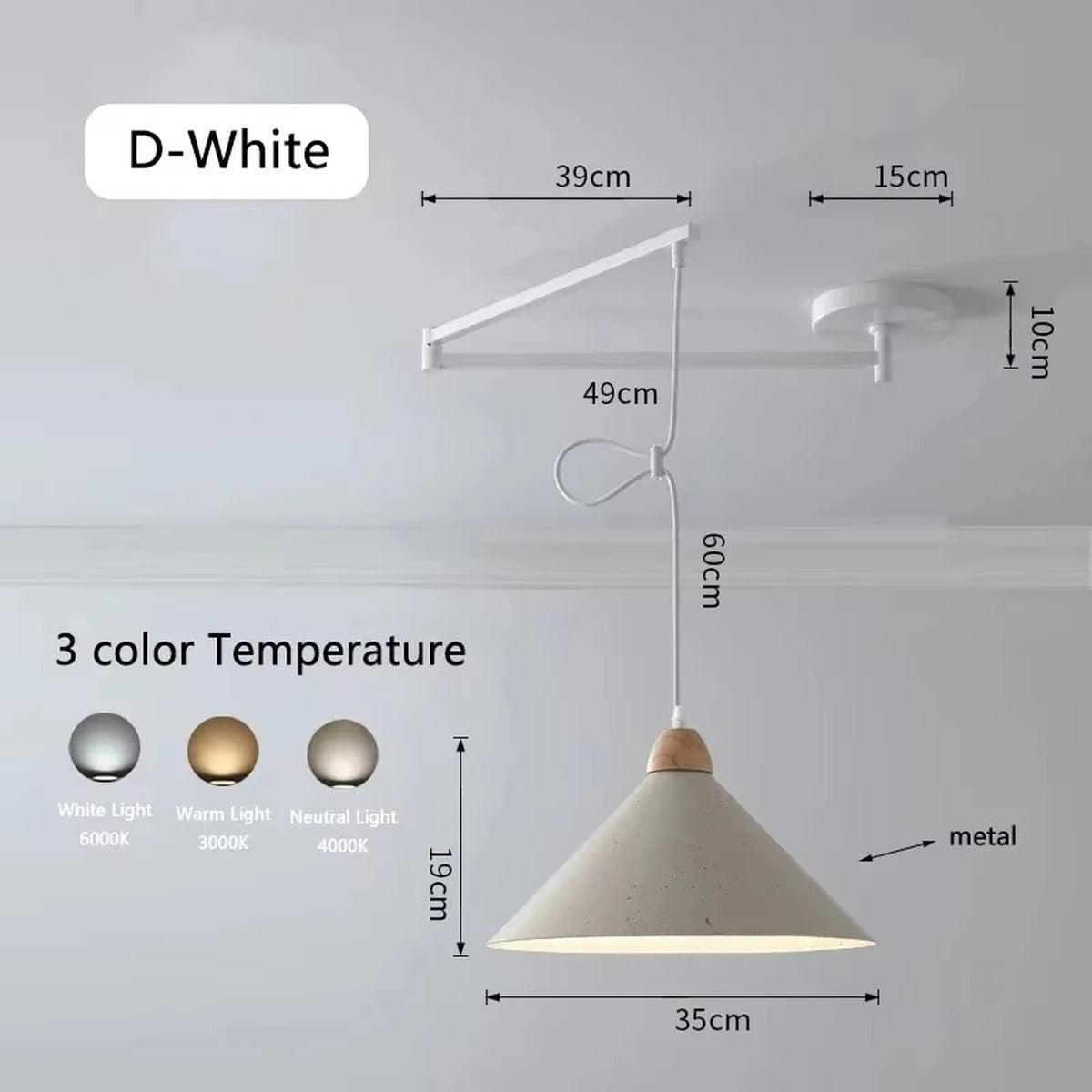 Swing-Arm Pendant Light – Galrex – Style D shade in white, dimensions and finish
