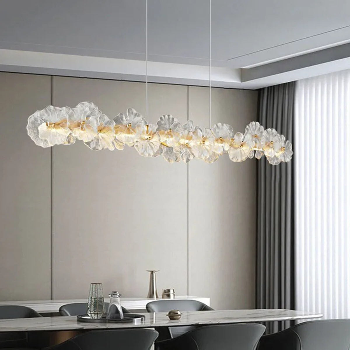 Florenza crystal glass flower petal chandelier — linear L120cm version over marble dining table