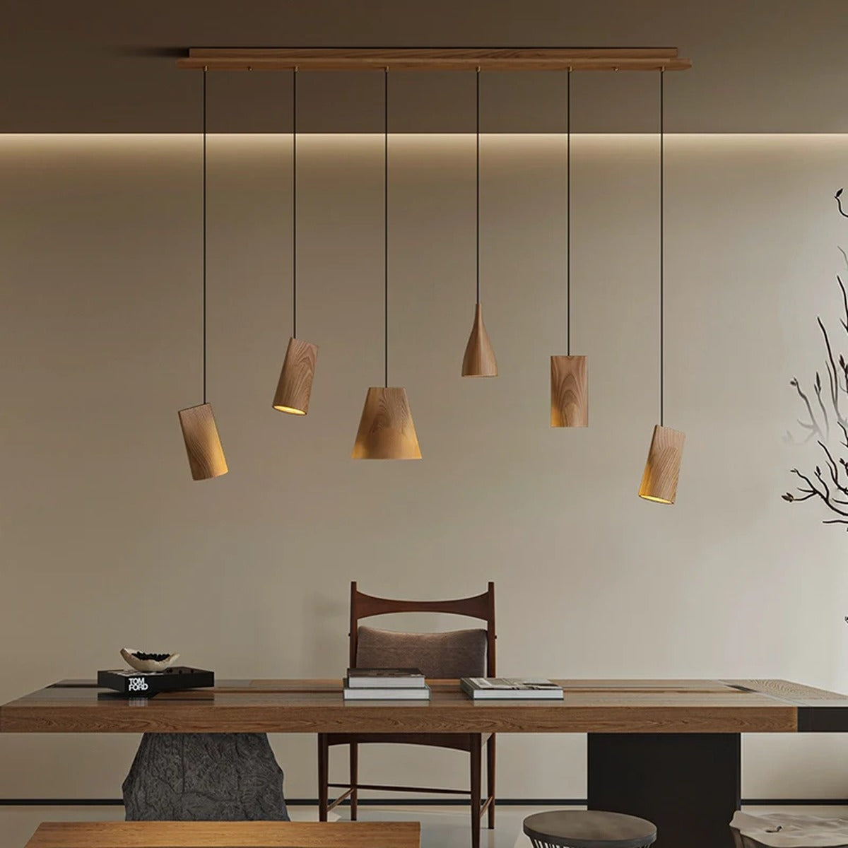 Solid Wood Sculptural Multi-Pendant Chandelier – Larven – 6-Head Linear, Light Wood, Lifestyle