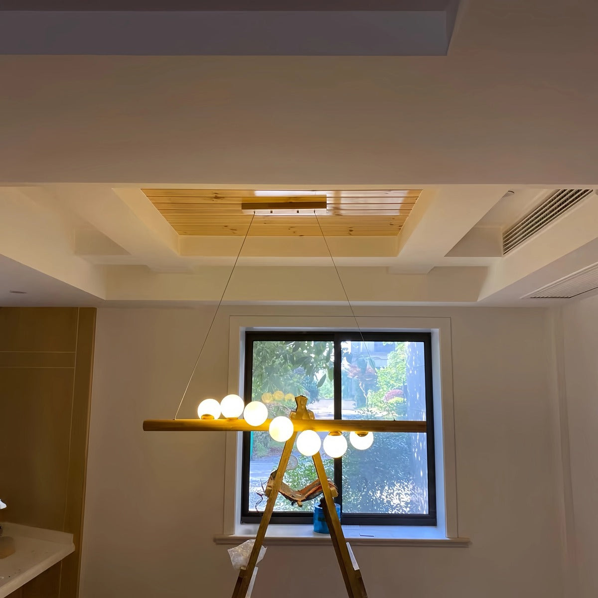 Staggered Glass Orb Wood Beam Chandelier – Orbison – Lifestyle View 3