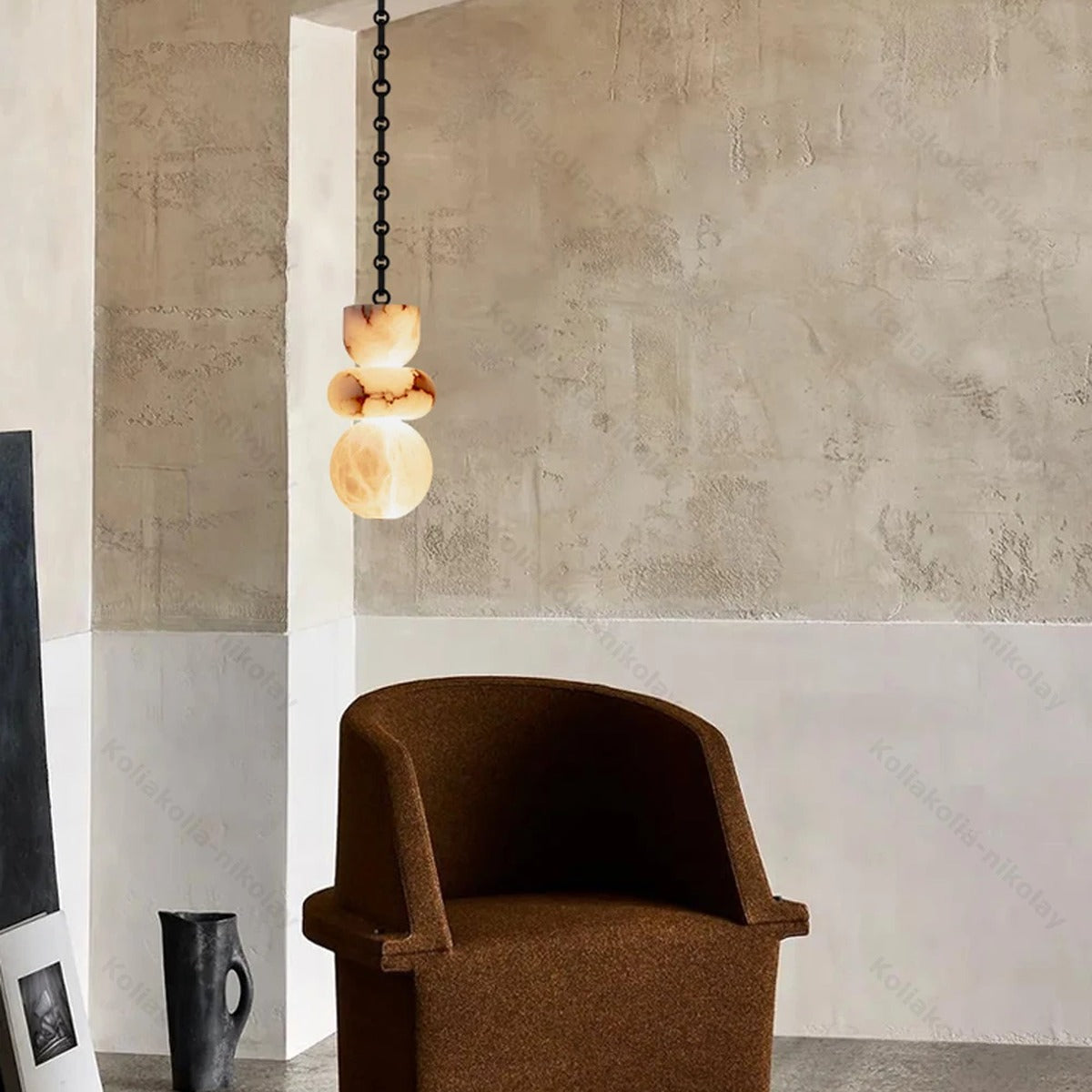 Stacked Alabaster Pebble Chain Pendant Light – Urven – Lifestyle View 2