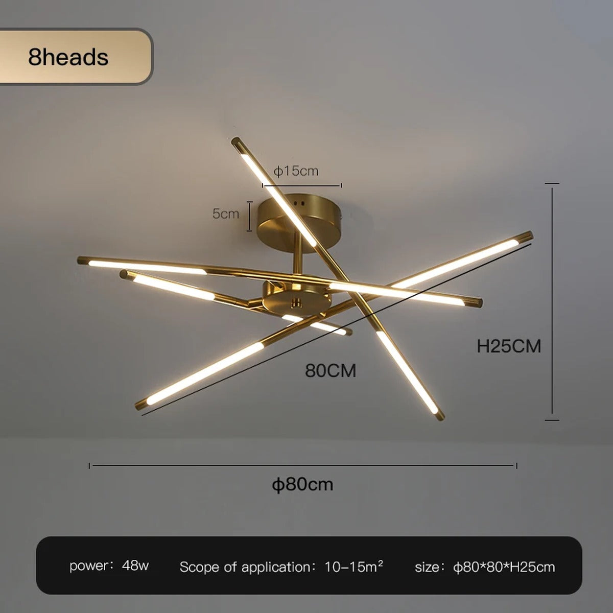 Solendra Gold 8 Heads dimension diagram, 80cm diameter