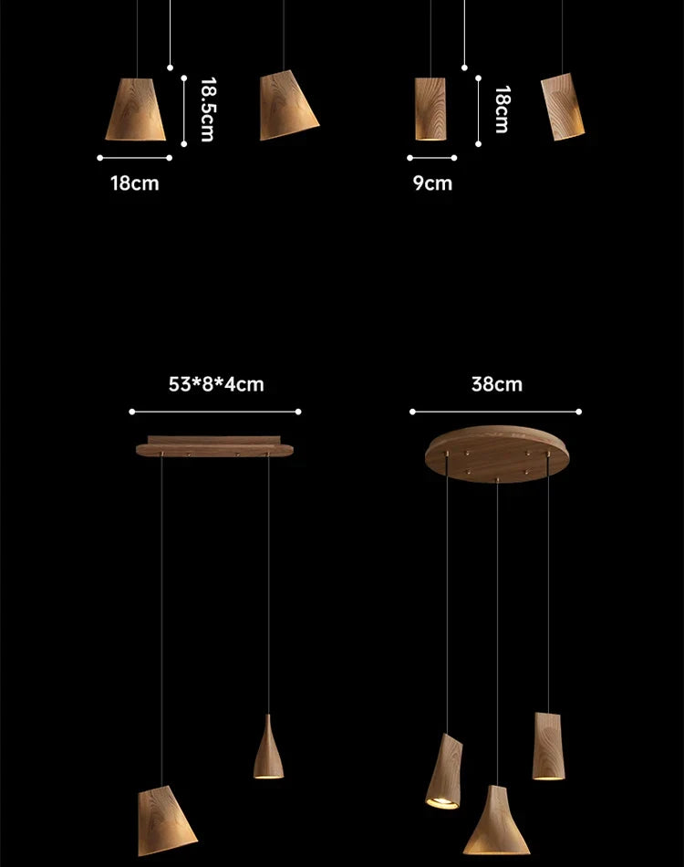 Solid Wood Sculptural Multi-Pendant Chandelier – Larven – Shade and 2-Head Dimensions