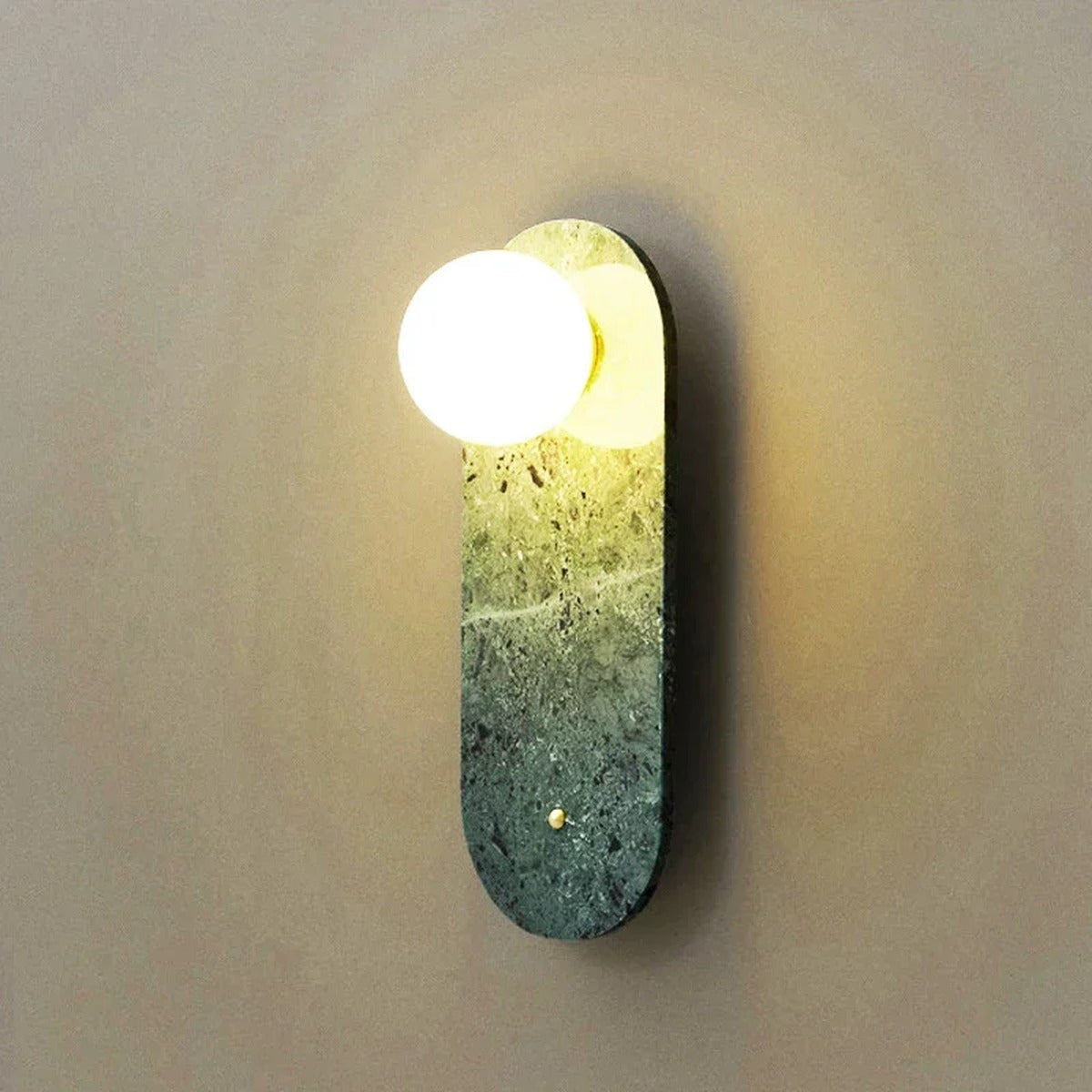 Zarvex travertine oval globe wall sconce — green stone variant, frosted glass globe