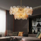 Iralux glass disc chandelier in a warm living room setting