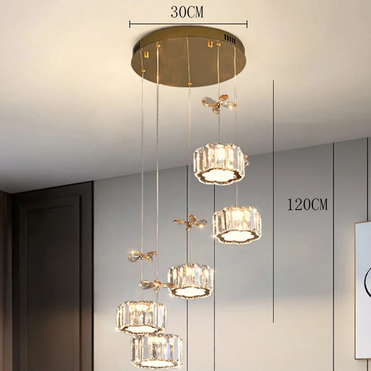 Spiral Crystal Cascade Staircase Chandelier Xelvara – 5 Heads Round