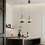 Glass Globe & Inner Mesh Pendant Light – Evrix – Lifestyle Kitchen Island, Clear and Smoky Grey Glass
