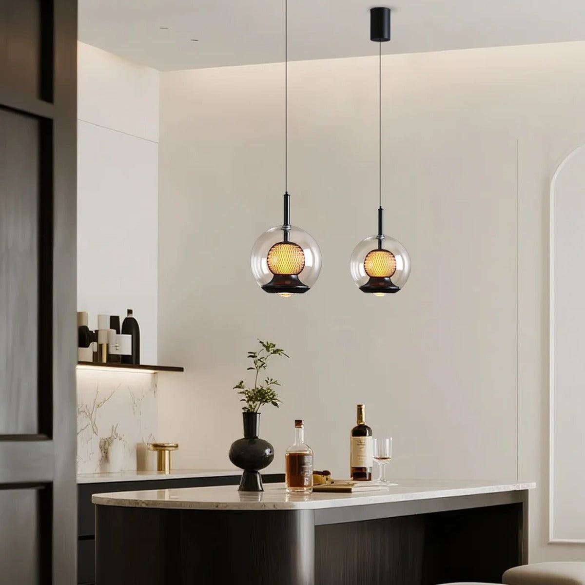 Glass Globe & Inner Mesh Pendant Light – Evrix – Lifestyle Kitchen Island, Clear and Smoky Grey Glass