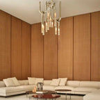 Sculptural Link Chandelier Parvorn – lifestyle view, wood-paneled living room