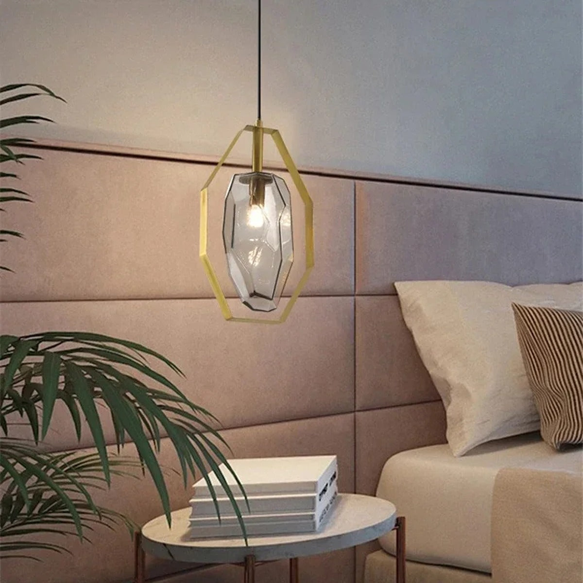 Brass Octagonal Frame Faceted Glass Pendant Light – Glacen – Lifestyle View 3