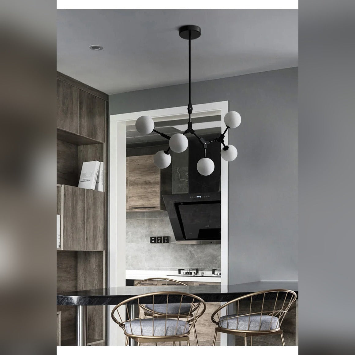 Caeston branching globe chandelier in black, lifestyle kitchen
